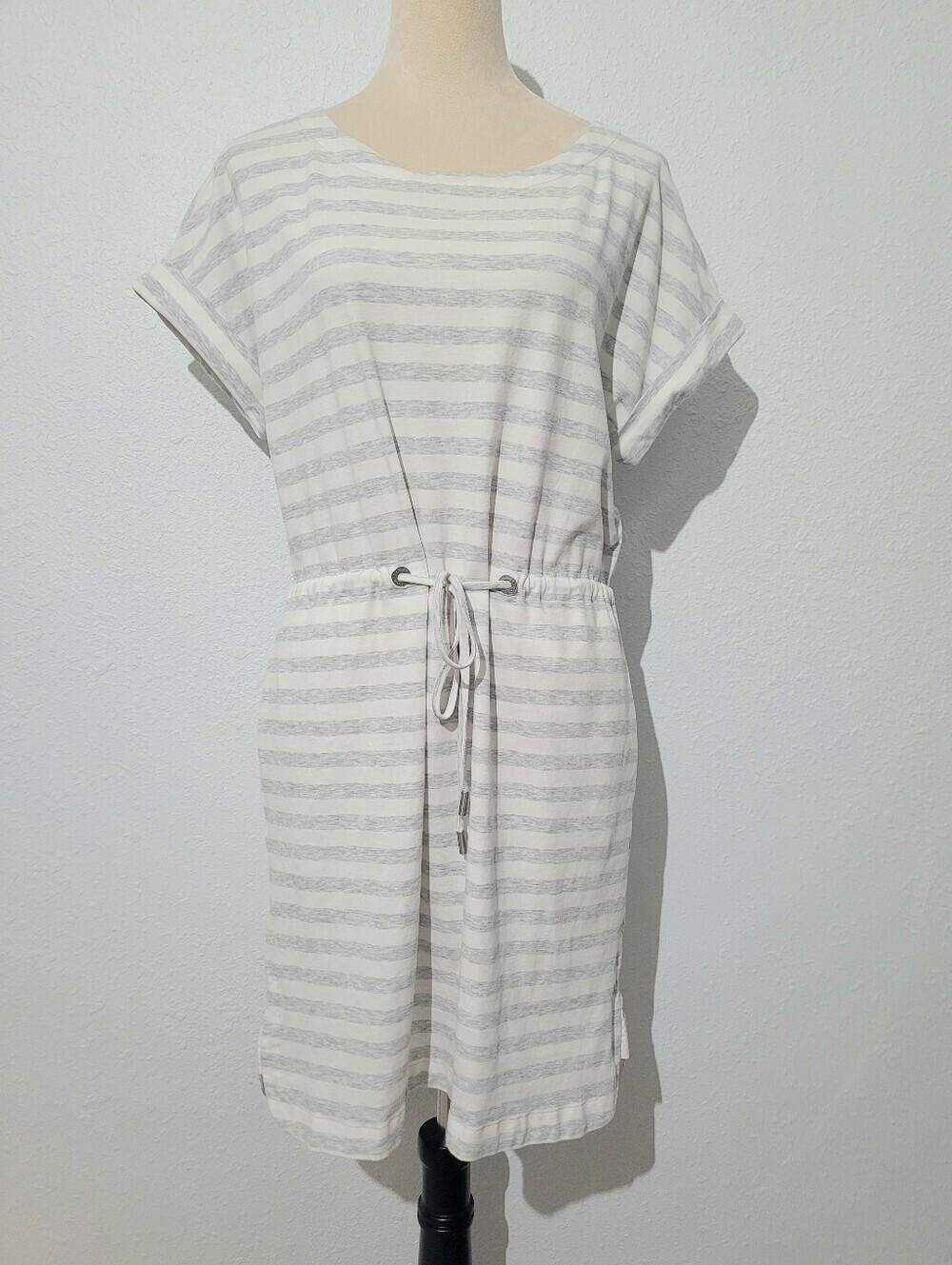 Tommy Bahama Striped Drawstring Dress Medium White Gray Cotton Blend Pockets - Picture 2 of 11